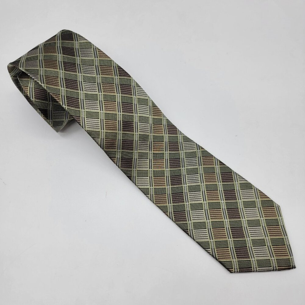 Pronto Uomo 100% Silk Men’s Necktie Browns Greens Tan Geometric Tie Formal NWT